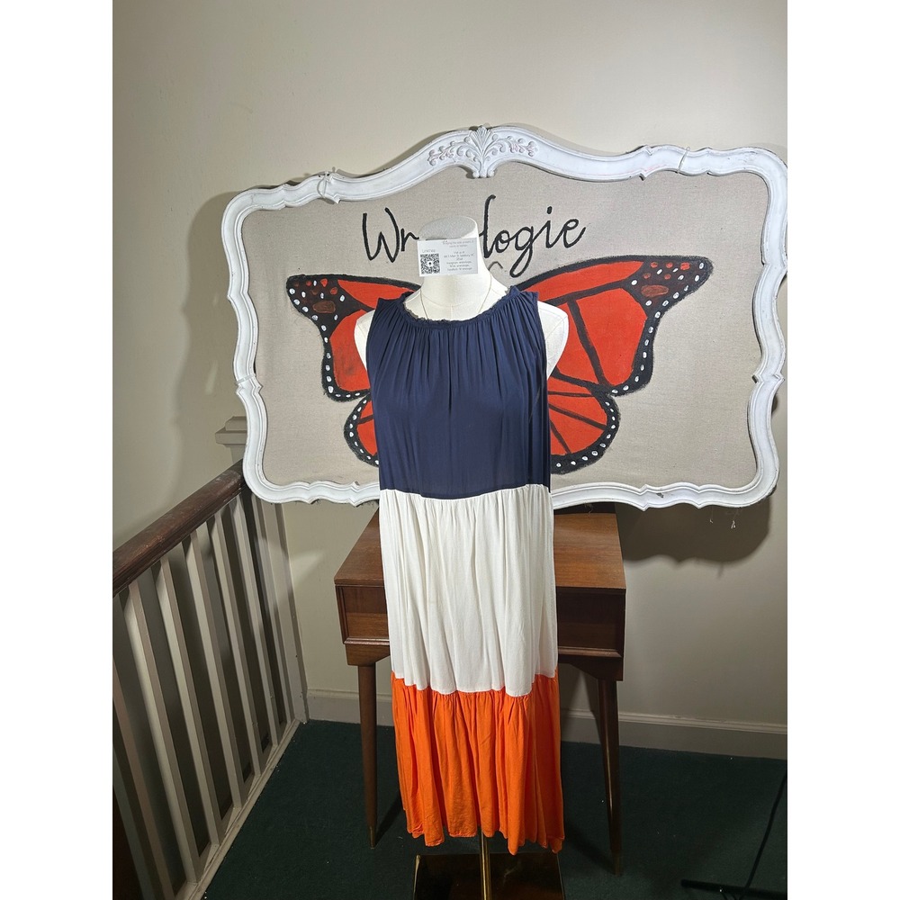 Womens Colorblock Tiered Maxi Dress Navy Cream Orange Sleeveless Size L Boho